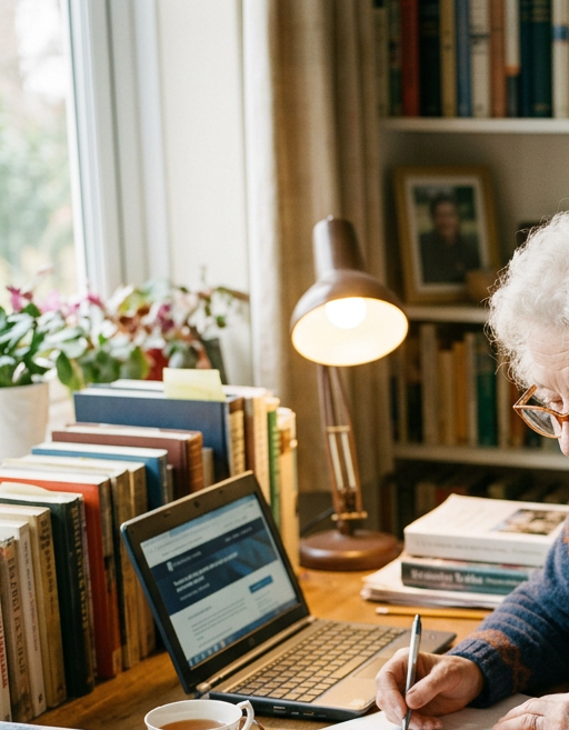 Elderly woman writing notes from an open book at home desk