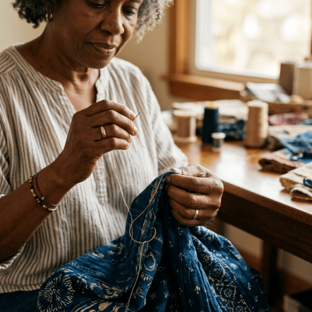 Woman hand-stitching a patterned blue textile beside a sewing table